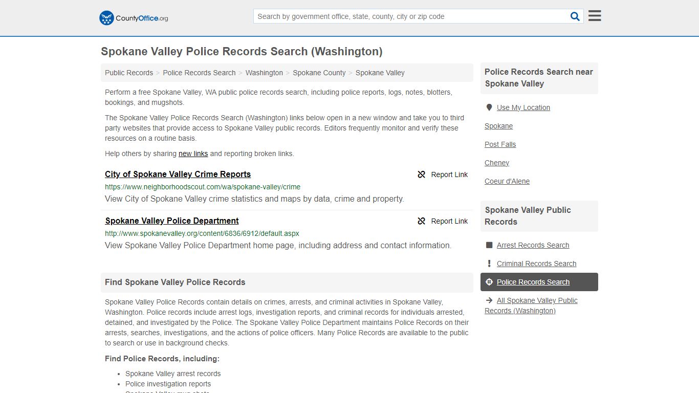 Spokane Valley Police Records Search (Washington) - County Office